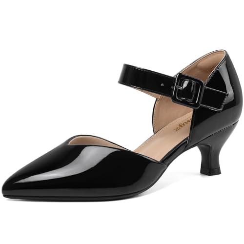 Image of RIBONGZ Comfortable Kitten Heels for Women Pointed Closed Toe Ankle Strap Buckle Heels Slip on Low Heel Church Pumps Wedding Bridal Party Dressy Shoes