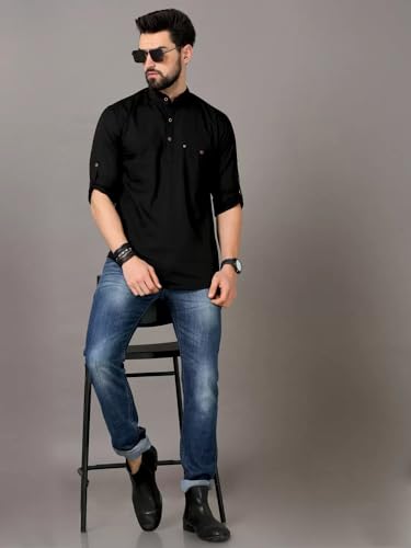 Image of DEEMOON Men's Cotton Blend Full Sleeve Short Kurta with Mandarin Collar Crafted from a Premium Cotton Blend