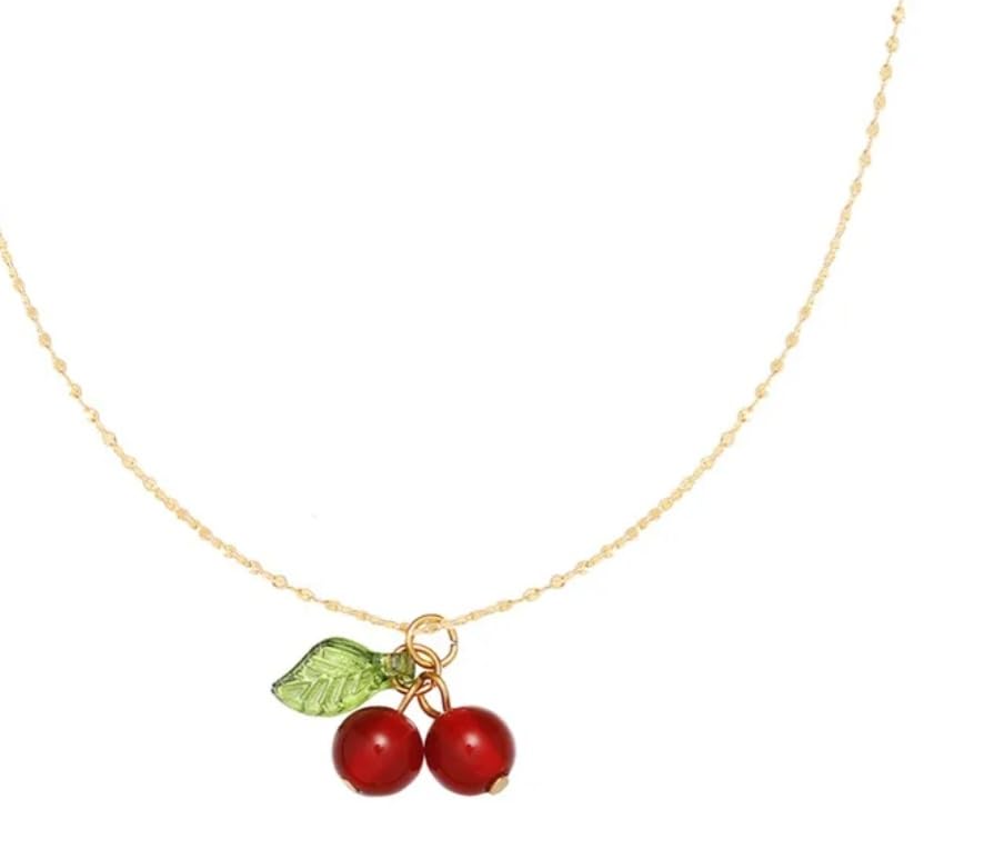 Dainty Cherry Pendant Necklace with Green Leaf, Gold Chain, Red Cherries-image-23