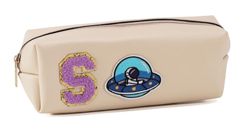 Image of AICA Gifts Personalized Leather Pencil Pouch (Cream) with Embroidered Alphabet & Patch | Pencil Pouch for Kids | Birthday Gift | Birthday Return Gift |Gift for Kids Age 6-10