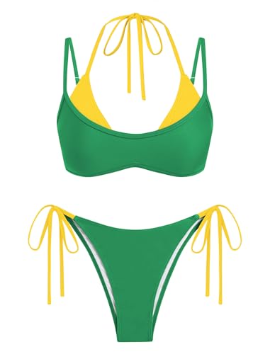 Image of ZAFUL Women's Polka Dot Bikini Set Double Layer Halter Swimsuit Colorblock Side Tie 2 Piece Bathing Suit