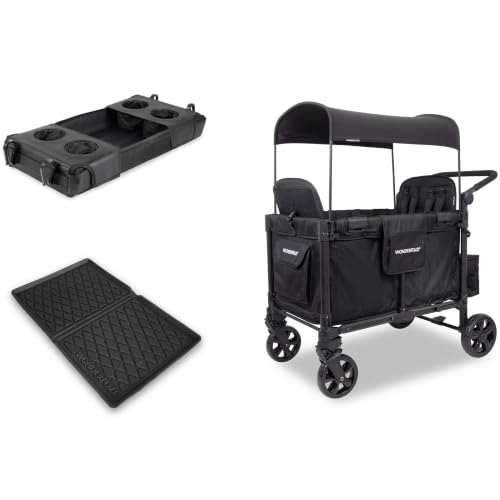 Image of Wonderfold W4 Elite Pro Bundle - 4-Seater Stroller Wagon with All-Weather Mat and Flex Snack Tray, Safety-Certified with 5-Point Harnesses - Black