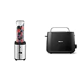 WMF Kult X Mix & Go Mini Smoothie Maker, Standmixer, Blender elektrisch, Shake Mixer 300 Watt, Tritan-Kunststoff Flasche & Philips Toaster – 2 Toastschlitze, 8 Stufen, Brötchenaufsatz, schwarz