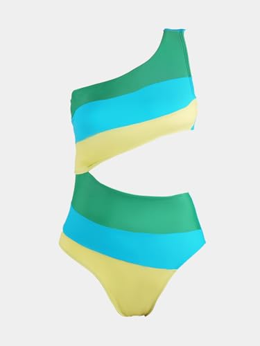 Image of CUPSHE Women One Piece Swimsuit One Shoulder Bathing Suit Cutout Monokini | Removable Soft Cups, Color Block, Classic Bum Coverage, Swim Suit For Beach Vacation Cruise Pool Party