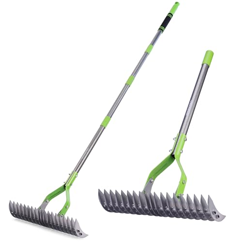 WORKPRO Thatch Rake, 15-Inch Thatching Rake for Lawns, Heavy Duty Dethatcher Rakes with 5FT Handle, Dethatching Rakes with Adjustable Head for Removing Dead Grass and Clippings, Loosening Soil