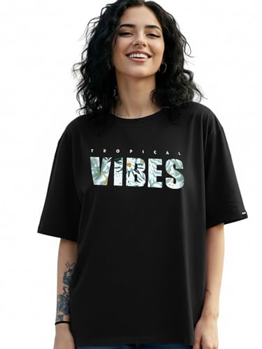 Image of Bewakoof Women's Being Savage Graphic Printed Oversized Cotton T-Shirt Oversized Fit, Round Neck, Half Sleeves