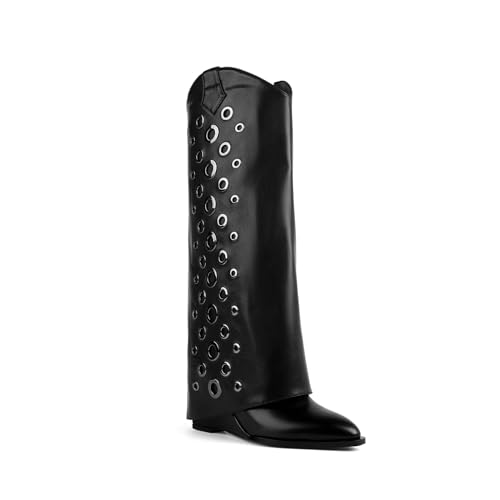Women's Fold Over Knee High Boots with Holes Design Covered Wedge Heel Wide Calf Pull On Boots With Side Zipper