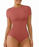 FeelinGirl Shapewear Bodysuit High Neck Bodysuits Fashion Short Sleeve Body Shaper Tummy Control Tops Shirts Red X-Large-XX-Large