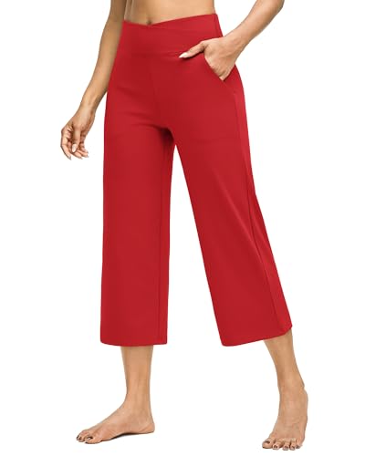 Image of G4Free Capri Pants for Women Wide Leg Yoga Dress Capris with Pockets Cross Loose Casual Work Crop Pants
