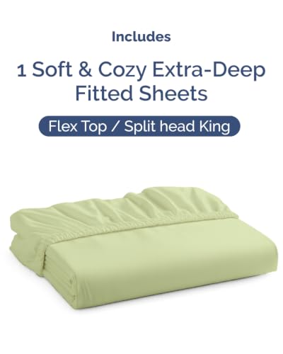Image of Extra Deep Flex Top Split Head King Fitted Sheet - Hotel Luxury Single Fitted Sheet Only - Easily Fits 18 inch to 24 inch Mattress - Ultra Soft, Wrinkle Free w /Extra Deep Pockets - Light Sage Green