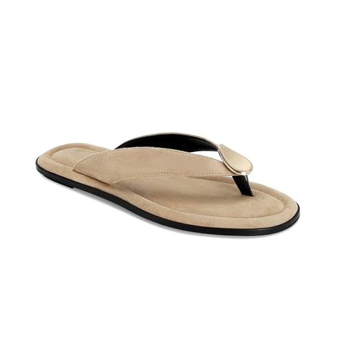 Image of Women's Suede Thong Sandals Flat Flip Flops with Metal Accent Slip On Comfortable Casual Summer Beach Dress Sandals