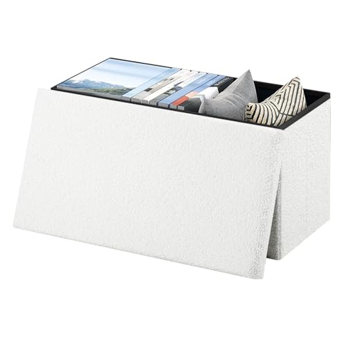 eSituro Banc de Rangement, Banquette à 2 Places Pliante, Tabouret Pouf Pliable, Coffre Pliant avec Couvercle Amovible, Repose-Pieds en Tissu Polaire, Blanc,...