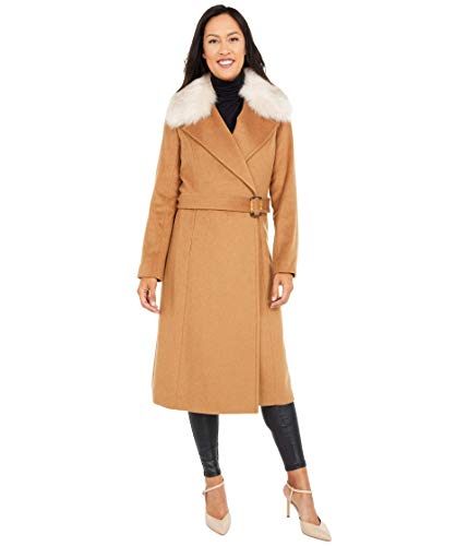 Cole Haan Slick Wool Wrap Coat with Faux Fox Collar Camel 8