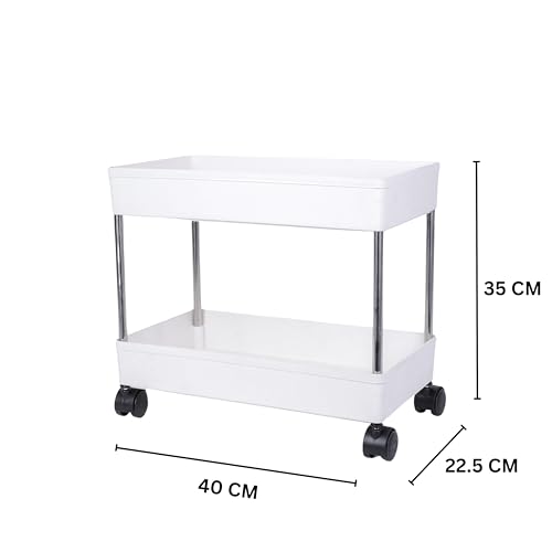 Image of AEXONIZ TOYS Plastic Kitchen Storage Trolley Rack with Wheels, Slide Out Rolling Utility Cart Storage Shelves, Space Saving Home Storage Organizer Racks (White, 2 Layer)
