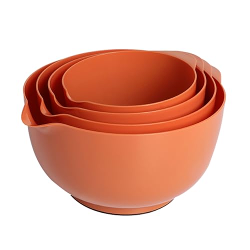 BoxedHome Nesting Plastic Mixing Bowl Set, 4 Piece Mixing Bowl Set with Pour Spouts, Size 1.7, 2.5, 3.5 and 4.5qt, for Prepping, Mixing, Baking, Cooking, Brownish Orange