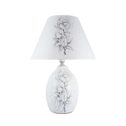 Image of ELARE Ceramic Table Lamp with Floral Printed Fabric Shade, LED Bulb Included, Bedside Lamp for Girls Bedroom, Living Room & Home Decor, White (38 cm)