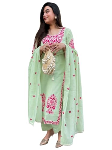 Image of GoSriKi Kurta Sets for Women Viscose Embroidered | Kurta Pant Dupatta Set | Straight Kurti Set for Women | Round Neck 3 /4 Sleeve Ethnic Suit | Designer Indian Kurti Outfit with Pants