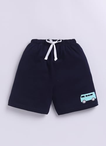Image of LITTLE NINJA Cotton Half Sleeves Beach Theme Printed Tee & Coordinating Shorts Set - White & Navy