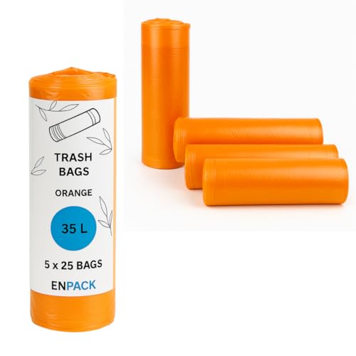 Enpack 5 Rollen Müllbeutel mit Zugband 25 Stück pro Rollle 58 x 67 cm hochwertige Müllsäcke 35L mit Zitrus-Duft - Mülltüten orange Ideal für den Einsatz in Gewerbebetrieben sowie im Haushalt