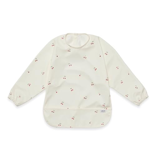 Image of Lalo Smock Bib - Long Sleeve Baby Bib, Elastic Cuffs for Comfort, Large Catch-All Pocket, Waterproof Recycled Polyester - Durable Baby Smock Bib for Mealtime & Playtime - Ages 6-24 Mo. - Cherry