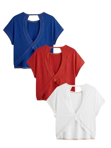 Image of RoseSeek Women's 3 Packs Open Back Tops T Shirt Criss Cross Cut Out Tee Short Sleeve Crewneck Summer Backless Tops