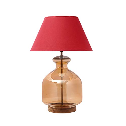 Image of Alper Amber Luster Glass Table Lamp with Maroon Cotton Shade | Modern Designer Bedside & Living Room Decorative Table Light (Bulb Included)