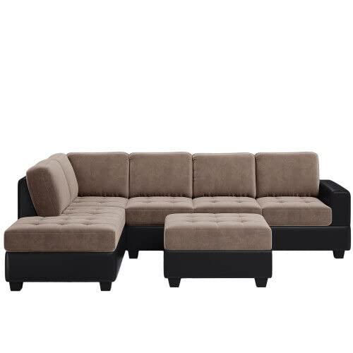 Elvira 6 Seater Fabric Sectional Sofa Set with Ottoman for Living Room (Left Side,Brown Velvet)-image-4