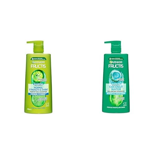 Garnier Fructis Normal Strength & Shine Shampoo for Normal Hair & Coconut Water Shampoo for Oily Roots Dry Ends 850ml Bundle