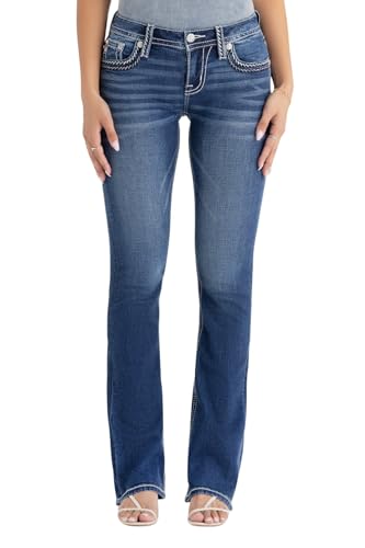 Miss Me Women's Silver Stitch Classic Mid Rise Bootcut Jeans with Faux Flap Pockets2