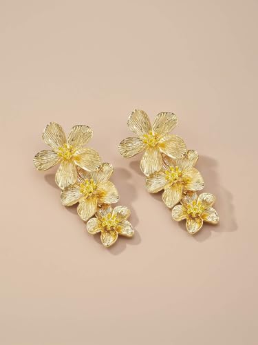 Gold Large Chunky Flower Statement Earrings for Women by SNGIA, Summer Beach Floral Handmade Drop Jewelry, Maximalist Wedding Date Birthday Gift, Bold Exaggerated Textured Dangle Trendy Ribbed Jewelry, Golden Chandelier Fashion Accessories, Vintage Hammered Thick Nickle Free Gifts.4