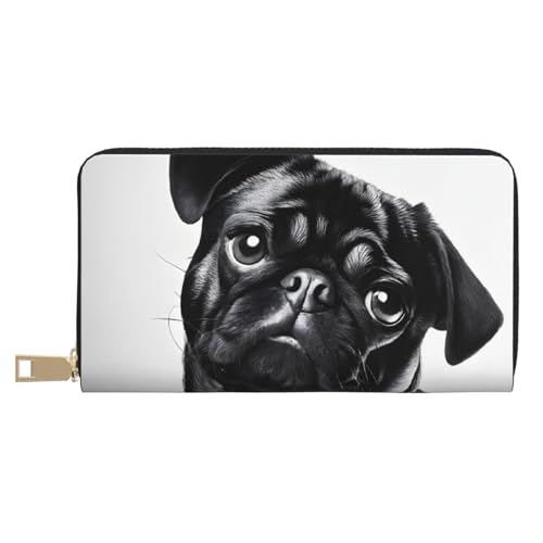Leather Wallet for Women Ladies Novelty Printed Around Zipper Long Wallet Phone Purse Credit Card Holder, Cute Black Pug Dog