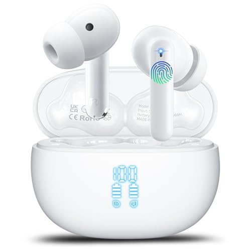 Image of Wireless Earbuds, Bluetooth 5.4 Headphones Bass Stereo /Clear Calls, Ivory | Ear Buds with Noise Cancelling Mic LED Display in Ear Earphones Ai Translation Earbuds Real Time with 6 Translation Modes