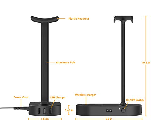 COZOO Headphone Stand with Wireless Charging Pad and 3 USB Charging Ports,10W,- Suitable for Gaming, DJ, Wireless Earphone Display (Black)