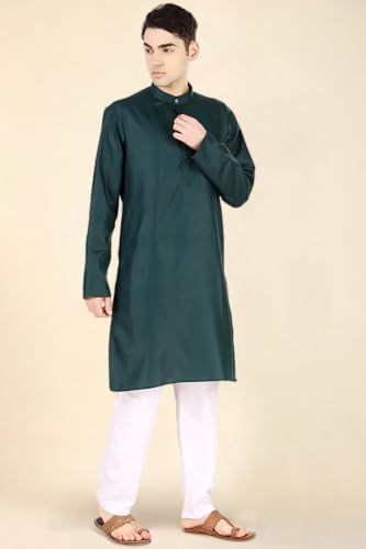 Image of Men's Cotton Solid Kurta Set Mandarin Collar Regular Fit Long Sleeves Ethnic Dress