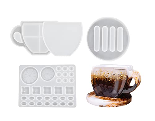 Xidmold Coaster Resin Molds Set, Shaker Epoxy Mold With Holder, Cup Quicksand Silicone Mold, Lemon Coffee Beans Filler, Casting Mold for Cup Pad