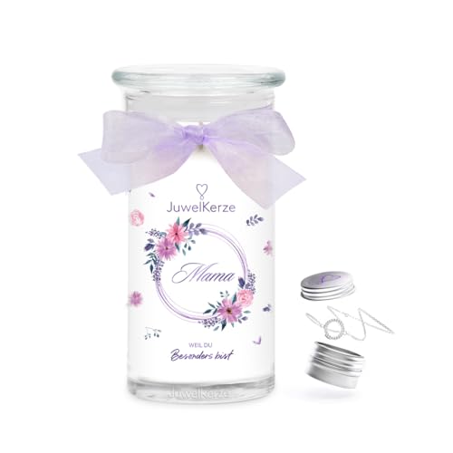 JuwelKerze Mama Armband Silber - Schmuckkerze 80 Std - große Duftkerze mit Blumigem Duft - Kerze im Glas mit Schmuck - Mama Geschenk Muttertagsgeschenk Geburtstag