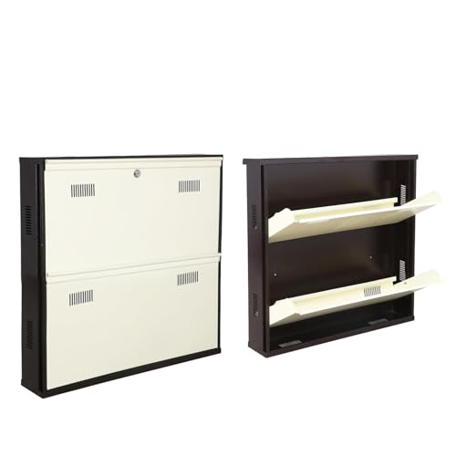 Image of Metal Shoe Rack Wall Mounted for Home with Central Locking 2 Door 28 inch Wall Mounted Metal 6 Pair Shoe Rack Cabinet Pre-Assembled Rack Shelves|3 Year Warranty (Brown & Ivory)