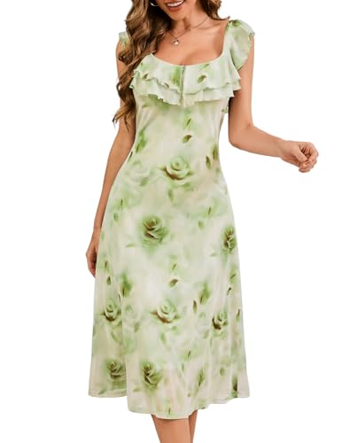 Image of Meetjen Women's Summer Floral Midi Dress 2025 Ruffle Boho Sundresses Flowy Mesh Beach Wedding Guest Dresses