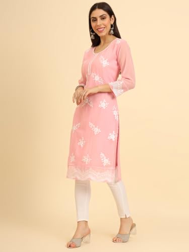 Image of Women's Chikankari-Lucknowi Embroidered Work | 3 /4 Sleeve | Knee Length | Round Neck | Georgette Fabric | Straight Kurta