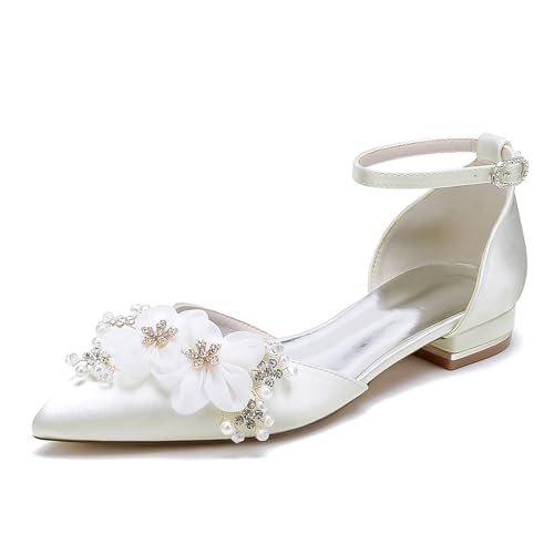 Ankle Strap Buckle Dress Lace Shoes for Bride Pearl Flower Pointed Toe Wedding Shoes Rhinestones Prom Shoes
