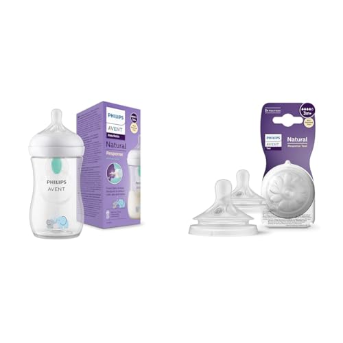 Philips Avent Biberon à Réponse Naturelle de 260 ml avec valve AirFree & Avent Lot de 2 tétines pour biberon à Réponse Naturelle 0% BPA, Débit 4 pour...