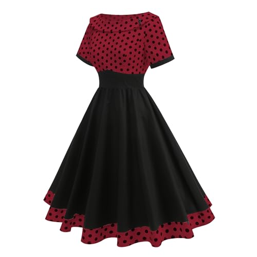 Image of Women's Boat Neck Polka Dot Cocktail Midi Dress Vintage Retro 1950s Style Swing Tea Length Wedding Guest Party Dresses