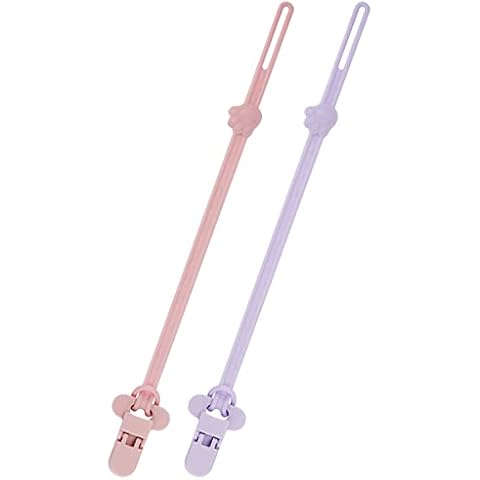 BEBOAN Silicone Dummy Clips for Boys and Girls, 2 Pack Soother Chains Pacifier Holders Leashes Clips with Clasp for Teething Toys Baby Shower, Pink&Purple Cover
