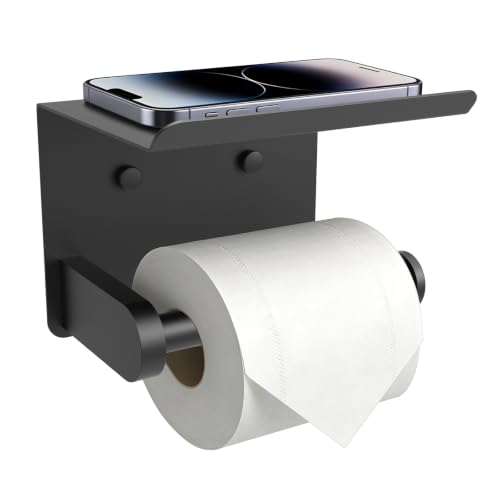 SetSail Toilet Paper Holder with Shelf Adhesive or Screw Bathroom Toilet Paper Roll Holders Wall Mount Matte Black Tissue Holder for Bathroom Hardware Accessories