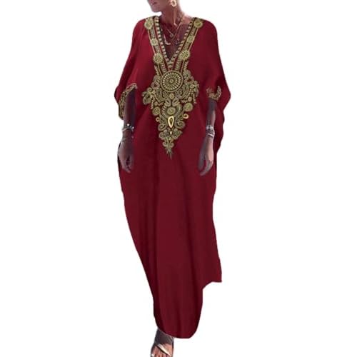 Bsubseach Gold Embroidery Long Kaftan Dresses V Neck Caftan Dress Beach Cover Ups for Women Embroidery X-maroon