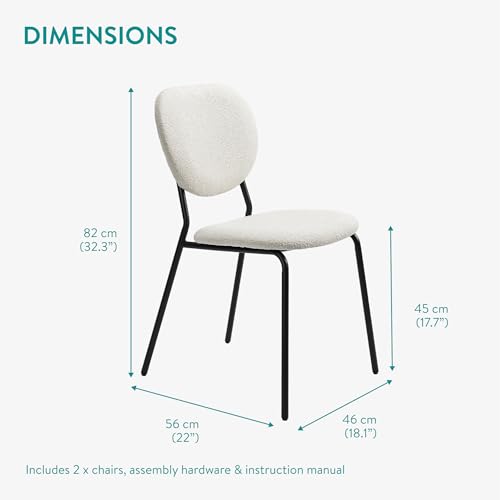 Navaris Boucle Dining Chairs, Set of 2 - Stylish & Comfy Modern Upholstered Chair Set with Metal Legs - Mid Century Design Ideal for Dining Room, Kitchen or Restaurant - White - Image 3