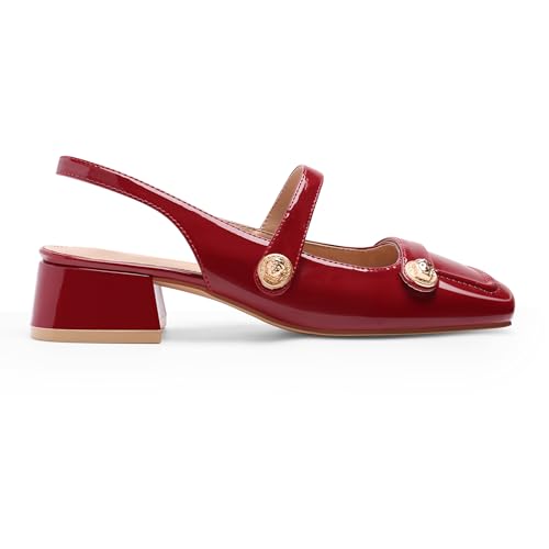 Image of Slingback Mary Jane Heels for Women Low Block Heel Closed Square Toe Pump Shoes Heels Classic Daily Office Dressy Shoes