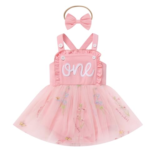 IMEKIS Baby Girls 1st Birthday Outfit Embroidered Floral Tulle Boho Romper Dress Headband Cake Smash Photo Shoot