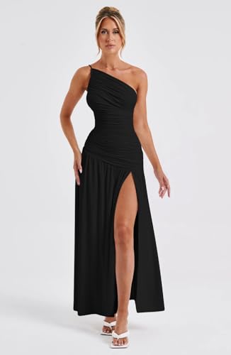 Memoriesea Women's Sexy One Shoulder High Split Ruched Cocktail Party Formal Maxi Dress4