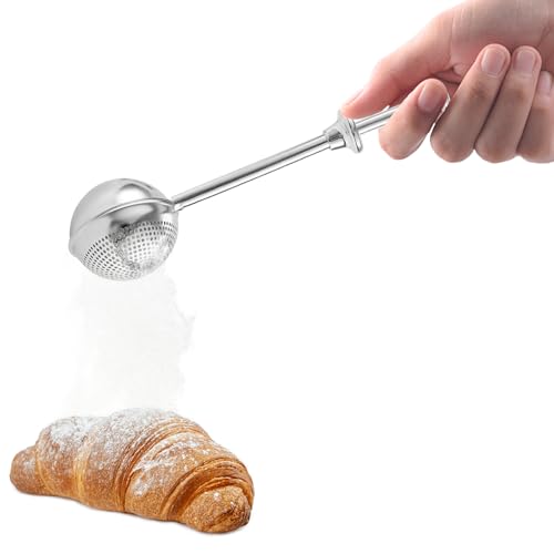 Flour Sifter for Sourdough Bread - Bread Flour Shaker Duster, One Handed Operation Flours Duster for Breads Baking, 304 Stainless Steel, Spring Handle Bakers Dusting Wand for Flours